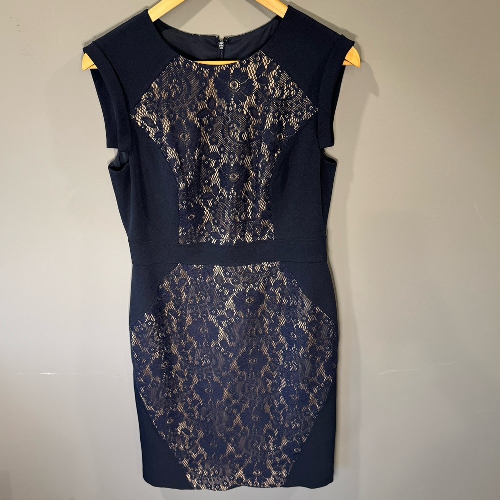 ADRIANA PAPELL Elegant Vintage Navy Lace Dress, Size‎ 10, EUC